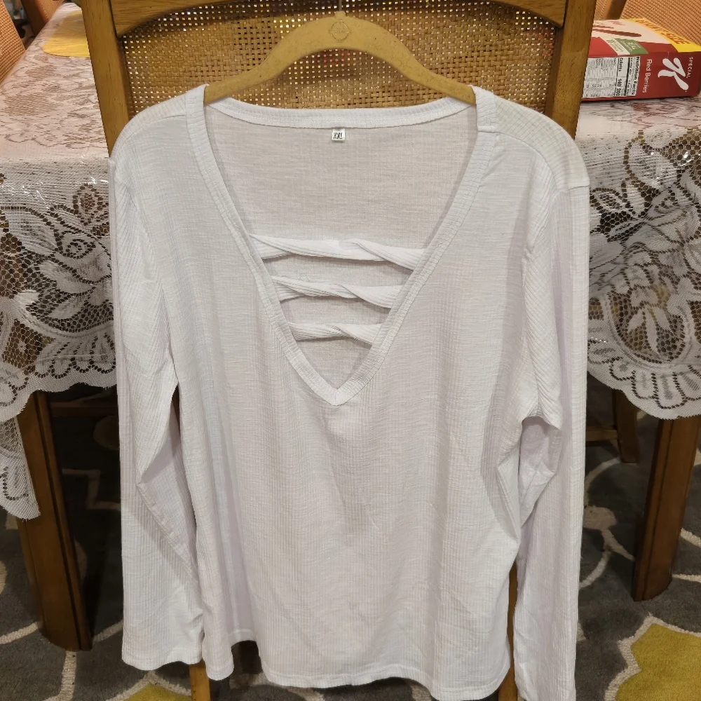 Women Casual Long Sleeve Tunic V-Neck Criss Cross Ribbed Casual Tee XXL - Picture 2 of 5
